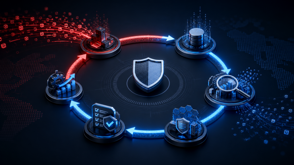 Original illustration of an adaptive cybersecurity loop connecting attack simulation, telemetry, detection engineering, validation and feedback.