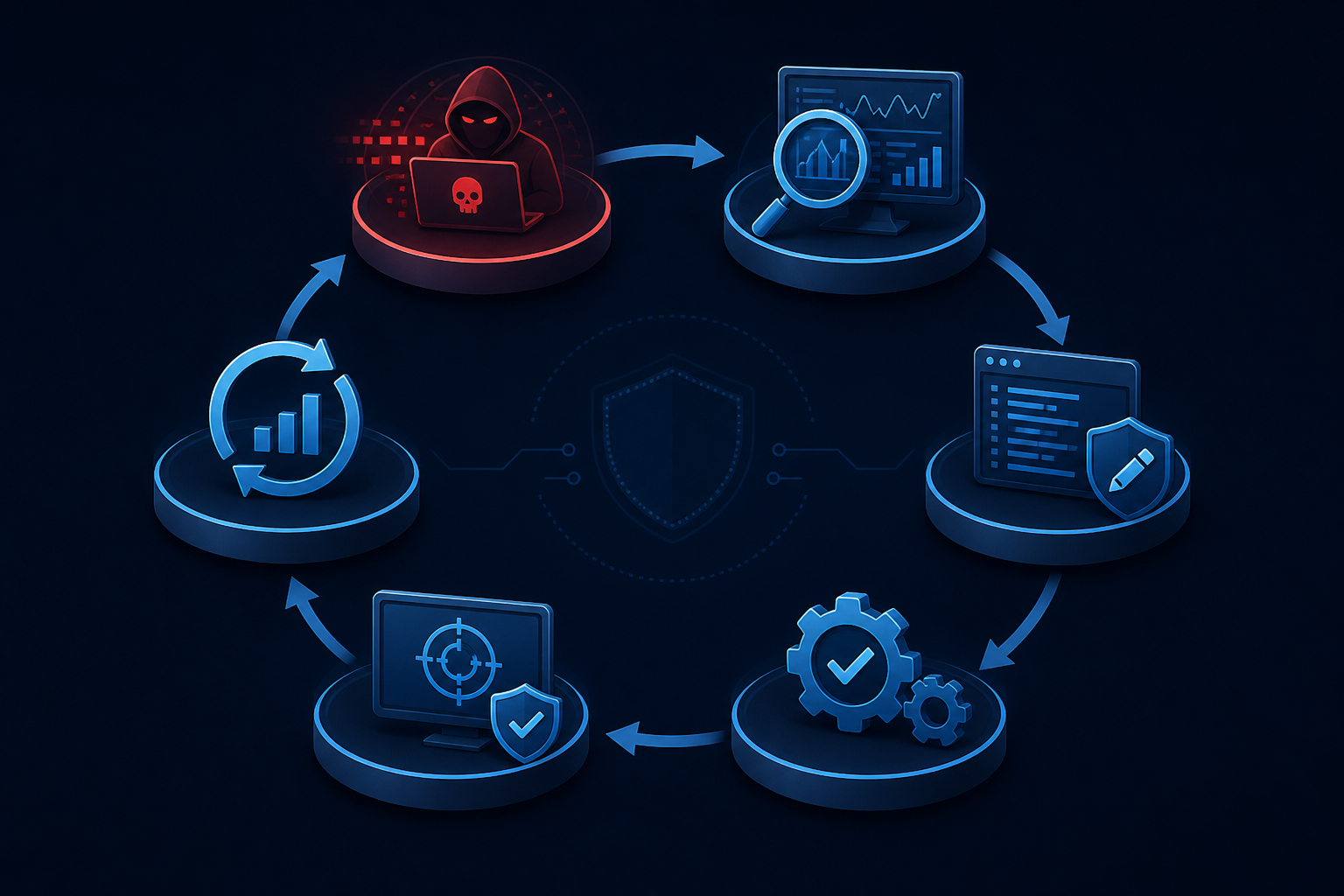 Original six-stage illustration of a cybersecurity cycle moving from simulated attack through telemetry, detection writing, validation, retesting and feedback.