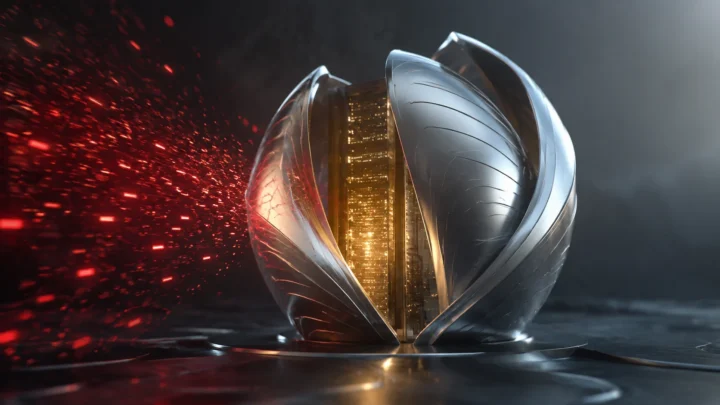 AI-generated editorial illustration: A sculptural silver protective shell dynamically closing around a luminous server monolith as red particles approach