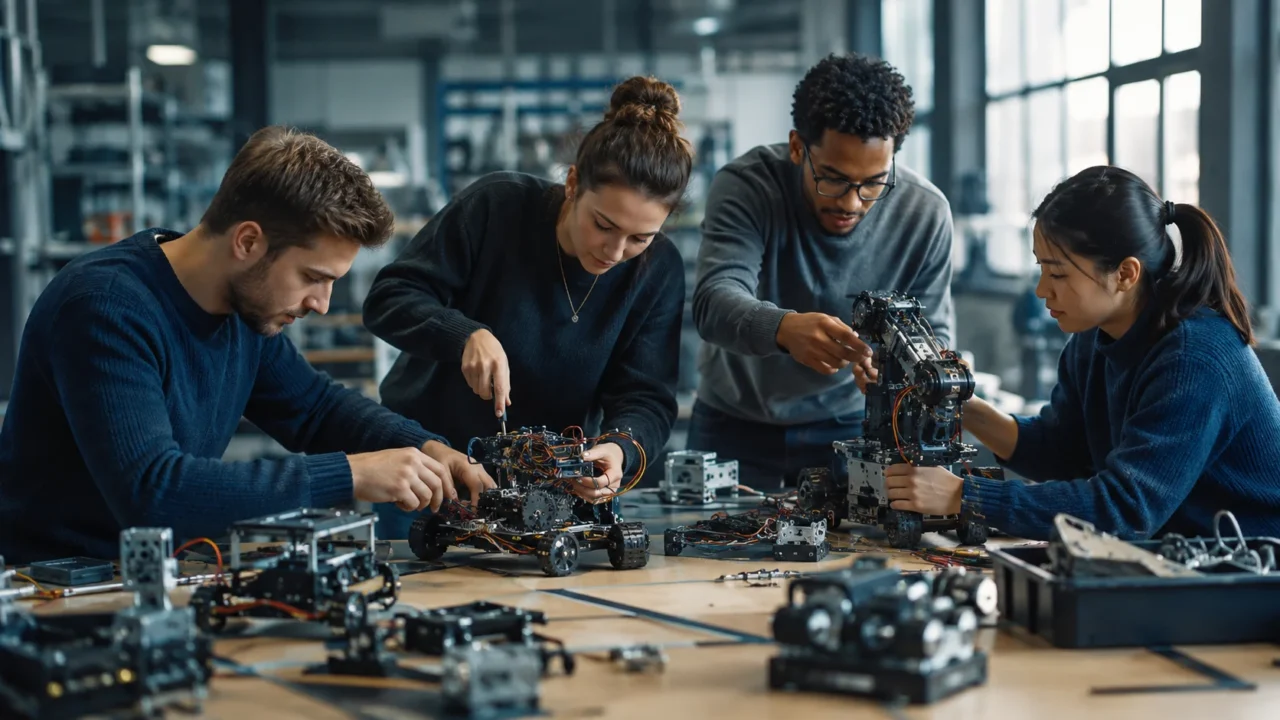 AI-generated editorial illustration: Engineers collaborating at a workbench assembling small robotic prototypes with gears and cables.