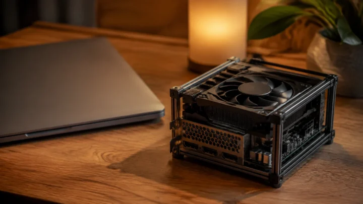 AI-generated editorial illustration: A compact exposed GPU on a wooden desk beside a closed unbranded laptop, soft amber light, suggesting powerful local computation in a small device.
