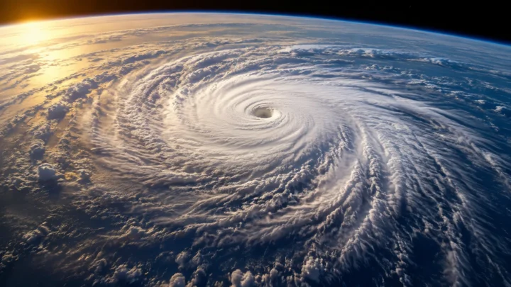 AI-generated editorial illustration: An orbital view of an enormous cyclone swirling above a blue ocean at dawn, natural cloud detail and sunlight, no map overlays.