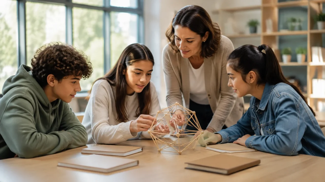 AI-generated editorial illustration: Teenage students with an adult teacher gathered around a geometric learning model at an airy study table. Blank closed notebooks, no screens, no writing.