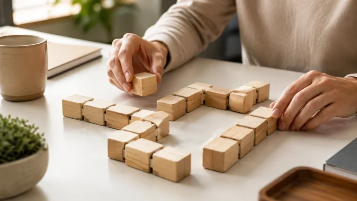 AI-generated editorial illustration: Close view of hands assembling unmarked magnetic wooden blocks into a connected pathway across a clean desk