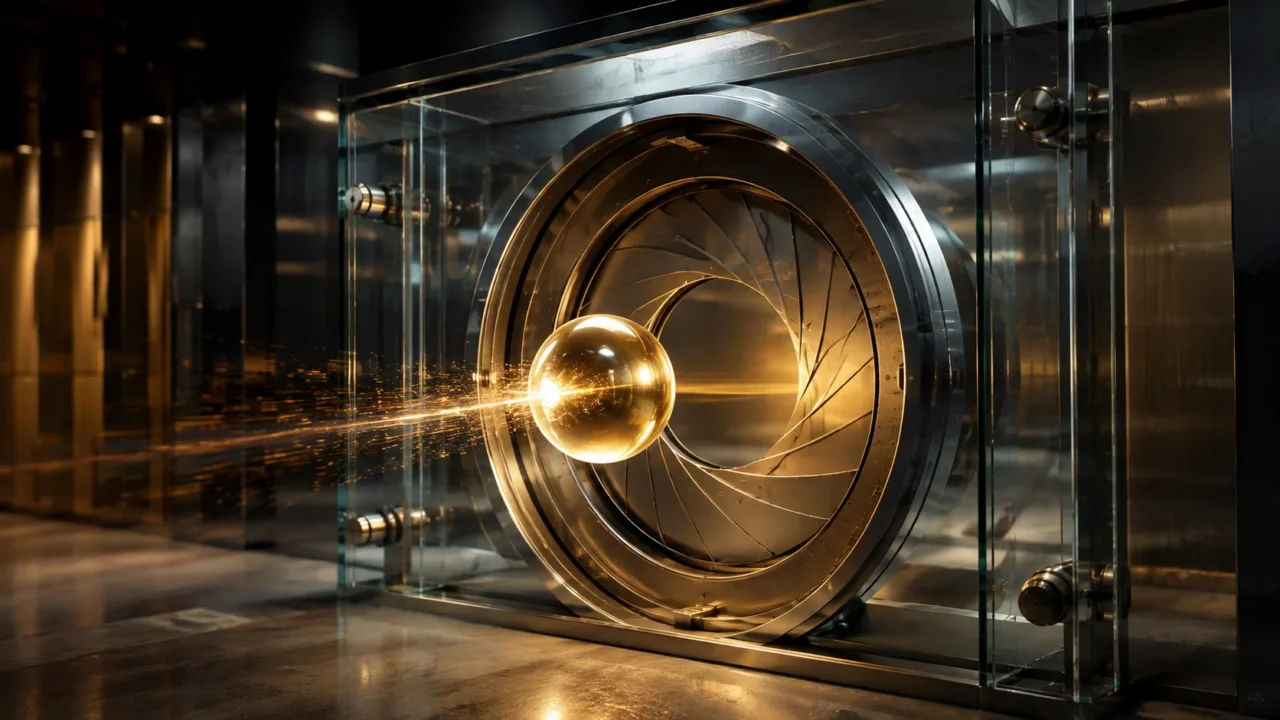 AI-generated editorial illustration: A glowing gold sphere passing through a secure glass gateway with a mechanical iris
