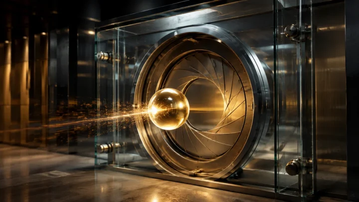 AI-generated editorial illustration: A glowing gold sphere passing through a secure glass gateway with a mechanical iris