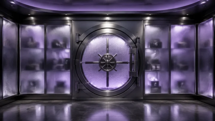AI-generated editorial illustration: A sealed frosted-glass vault with separate private compartments and soft violet light