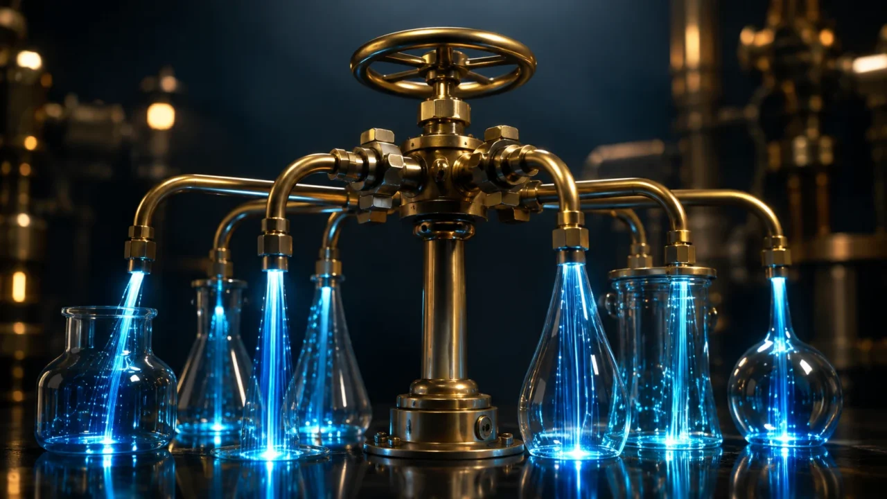 AI-generated editorial illustration: A precision brass valve regulating streams of blue light into several separate transparent glass vessels