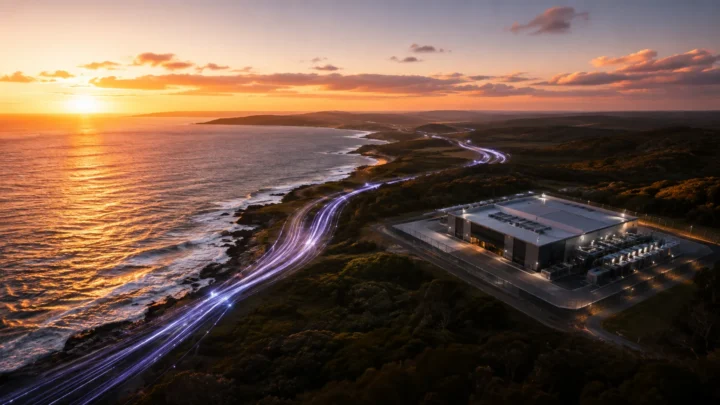 AI-generated editorial illustration: An aerial view of the Australian coastline at sunrise, subtle fiber-optic light trails reaching an unmarked coastal data center.