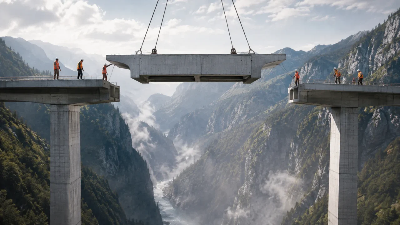 AI-generated editorial illustration: A modular architectural bridge being carefully reconnected across a deep valley