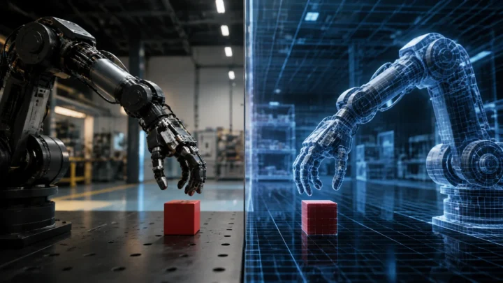 AI-generated editorial illustration: A robotic hand learning to grasp a red cube in an industrial studio, with a mirrored physical twin.