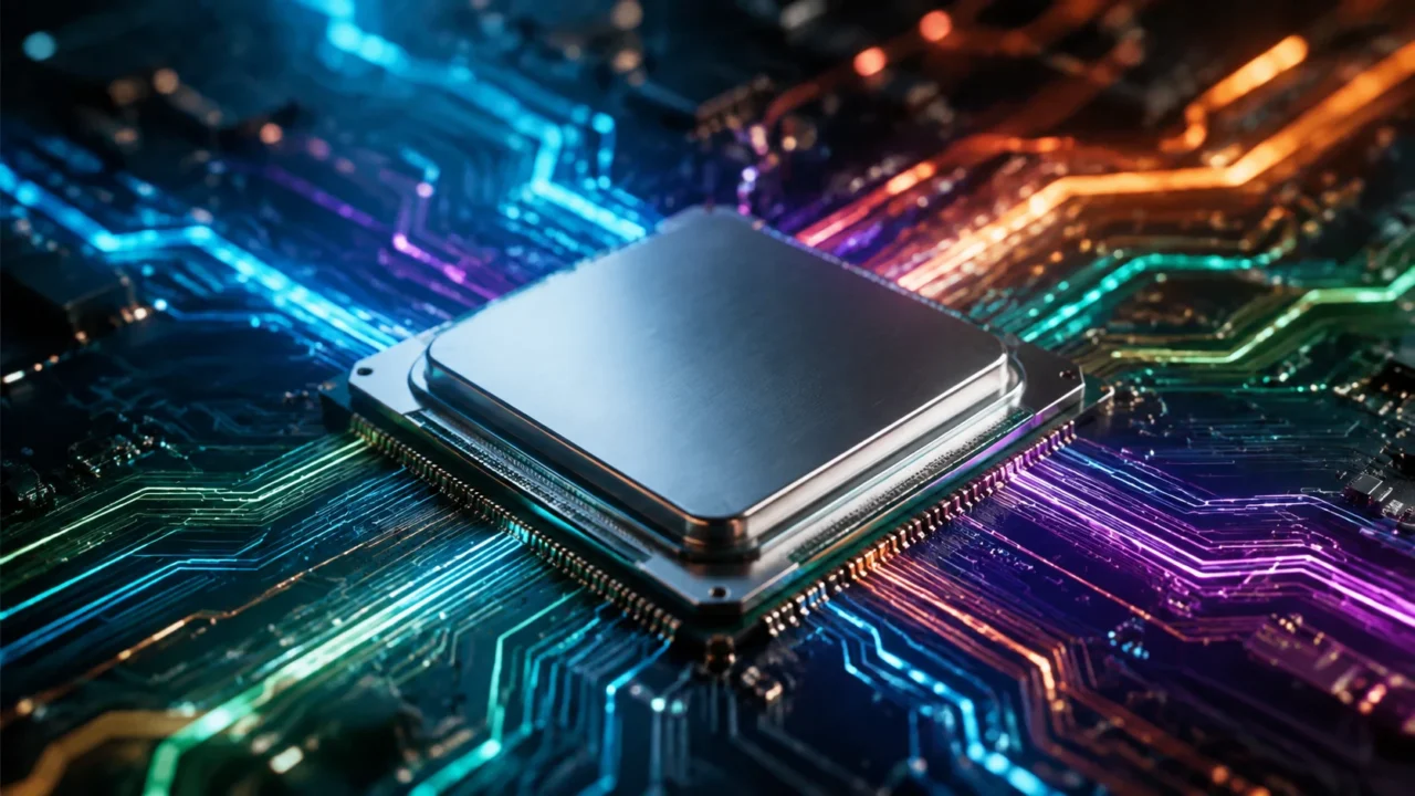 AI-generated editorial illustration: Macro photography of a silver processor with many colored light paths across a dark silicon surface.