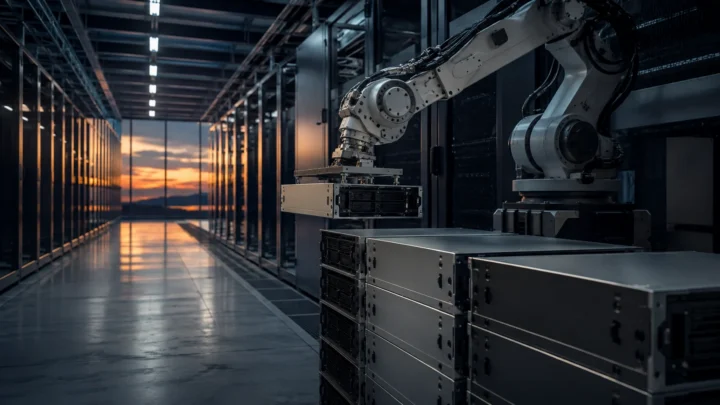 AI-generated editorial illustration: An industrial data center at dusk, a robotic arm carefully rearranging plain unmarked server modules.