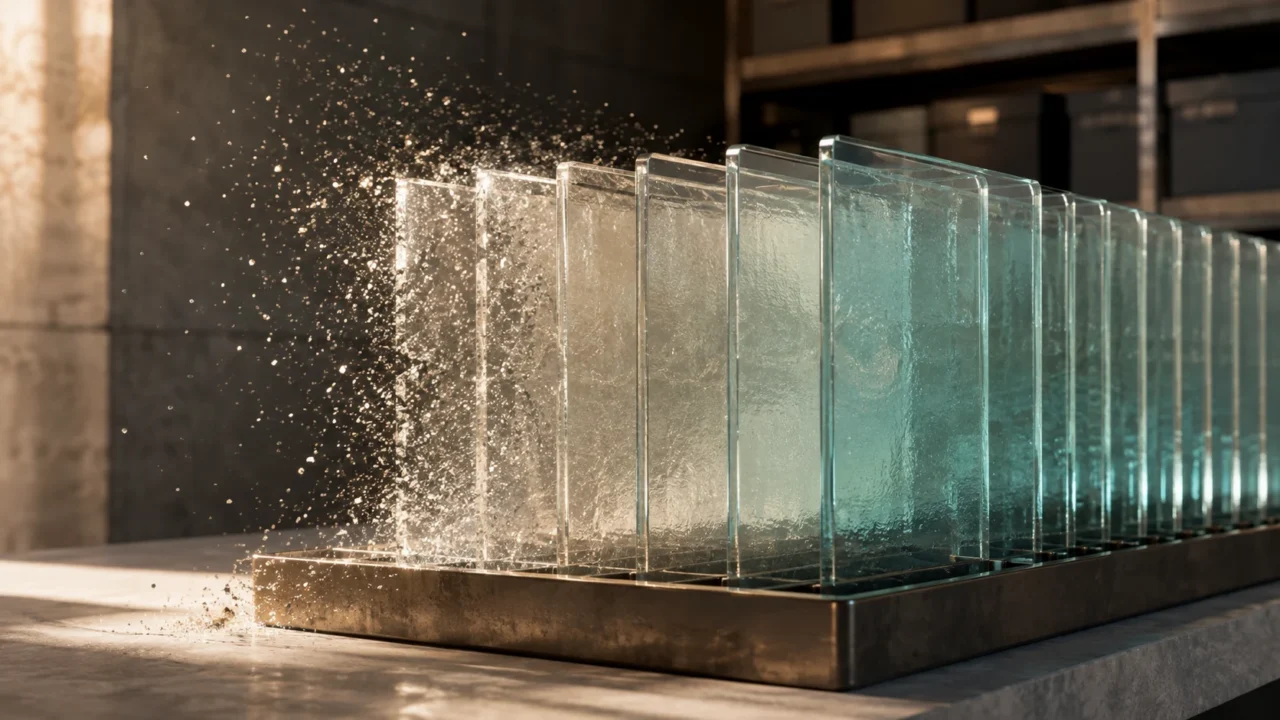 AI-generated editorial illustration: A physical archive of translucent glass memory layers, older layers dissolving into fine drifting particles while selected layers remain intact.