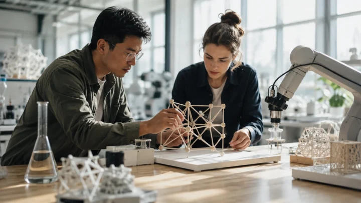 AI-generated editorial illustration: Two researchers collaborating at a sunlit laboratory table around a physical geometric experiment, with a small robotic instrument assisting.