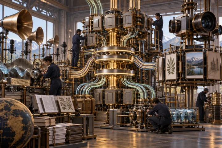Engineers maintain a large modular machine surrounded by microphones, acoustic horns, camera lenses, document imagery, and wave-shaped components in an industrial workshop.