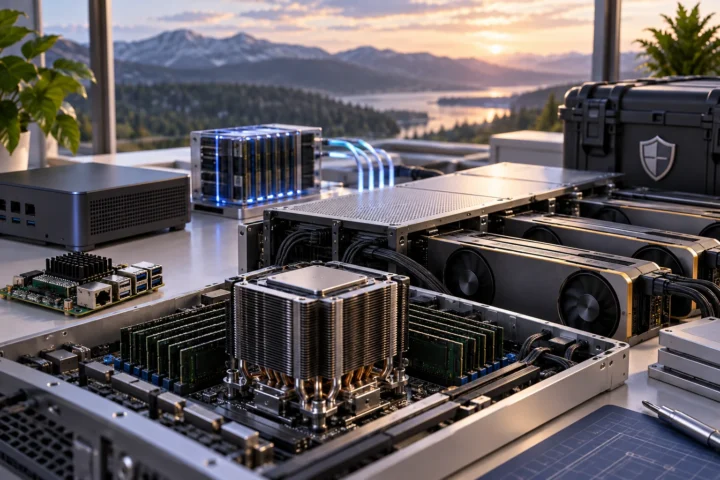 Open computer hardware with CPU cooling, memory modules, graphics accelerators, and connected processing units arranged on a workbench overlooking mountains at sunset.
