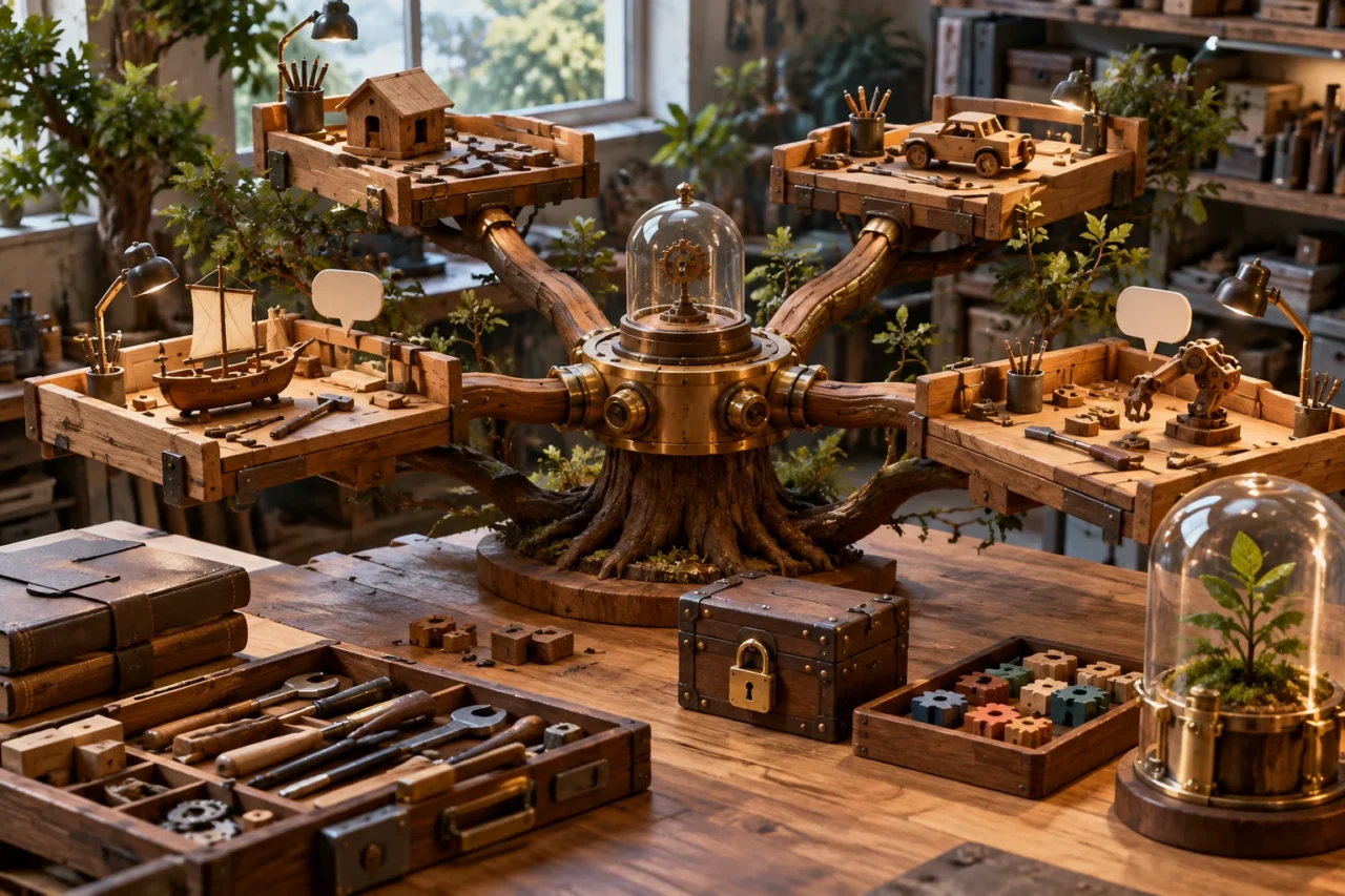 A branching wooden tree supports four miniature workbenches connected to a central mechanical hub, surrounded by tools, modular gears, protective glass enclosures, blank question tokens, and a locked chest.