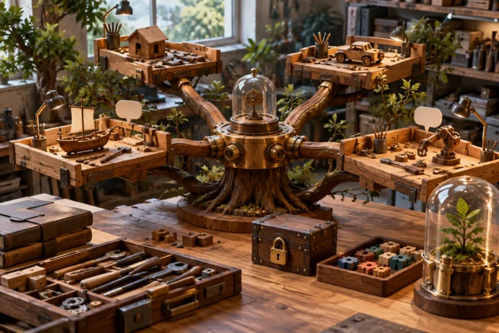 A branching wooden tree supports four miniature workbenches connected to a central mechanical hub, surrounded by tools, modular gears, protective glass enclosures, blank question tokens, and a locked chest.