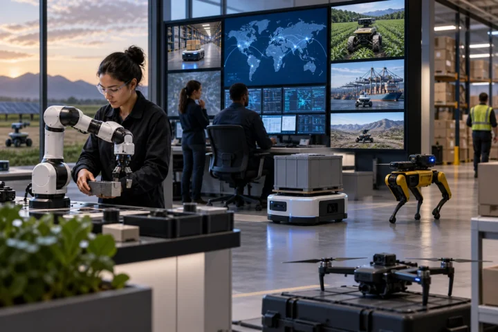 Robotics engineer working beside an industrial robot arm in a facility with autonomous ground robots, a quadruped robot, and a drone.