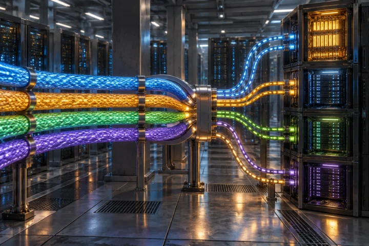 Glowing braided data conduits pass through a routing junction and branch toward illuminated memory modules in several physical server racks inside a data center.