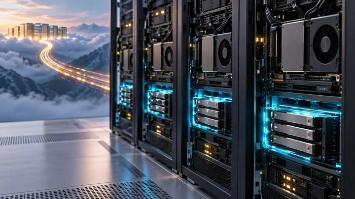 Server racks with GPU accelerators and illuminated local storage arrays beside a distant data center connected by glowing network paths.