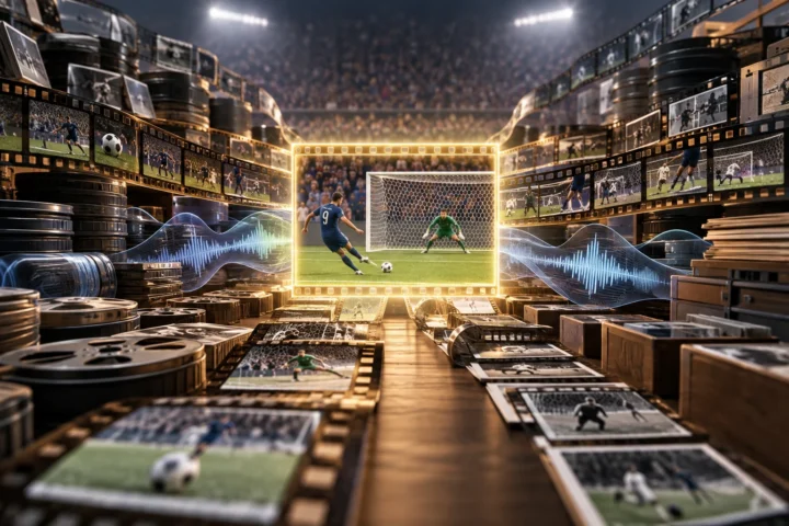 A soccer player takes a penalty kick before a goalkeeper, framed by film reels, strips of match footage, photographs, and glowing audio-wave forms in a stadium archive.