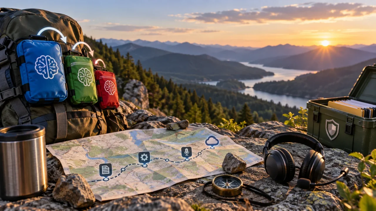 A hiking backpack with three connected equipment pouches sits beside a paper map, headset, compass, travel mug, and secure storage case on a mountain overlook at sunset.