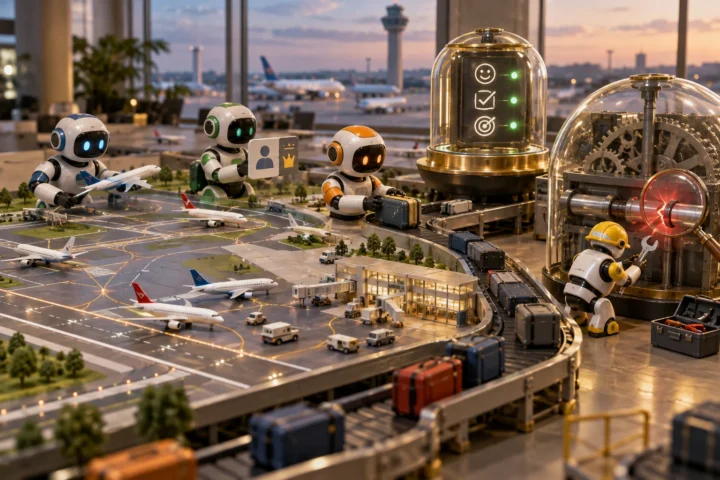 Robotic service agents coordinate model airplanes and luggage across a miniature airport while a maintenance robot repairs a fault in exposed machinery.