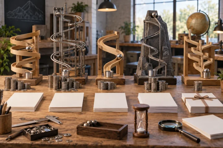 Five tabletop mechanisms guide metal spheres along routes of varying complexity, surrounded by stacks of washers, blank paper, measuring tools, and an hourglass in a workshop.