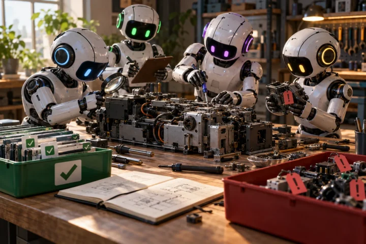 Four small robots collaboratively inspect and repair a complex machine on a workshop bench, with completed components sorted into a green bin and unresolved parts marked in a red bin.