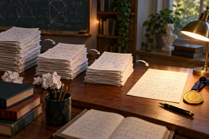 Landscape view of a mathematics worktable with stacks of proof pages progressing through revisions toward a final sheet beside a gold medal.