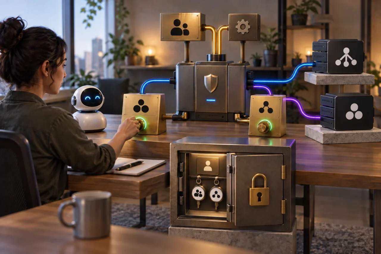A developer turns one of two separate consent controls connected to a secure gateway, while an AI assistant device sits nearby and individual access keys are stored in a locked vault.
