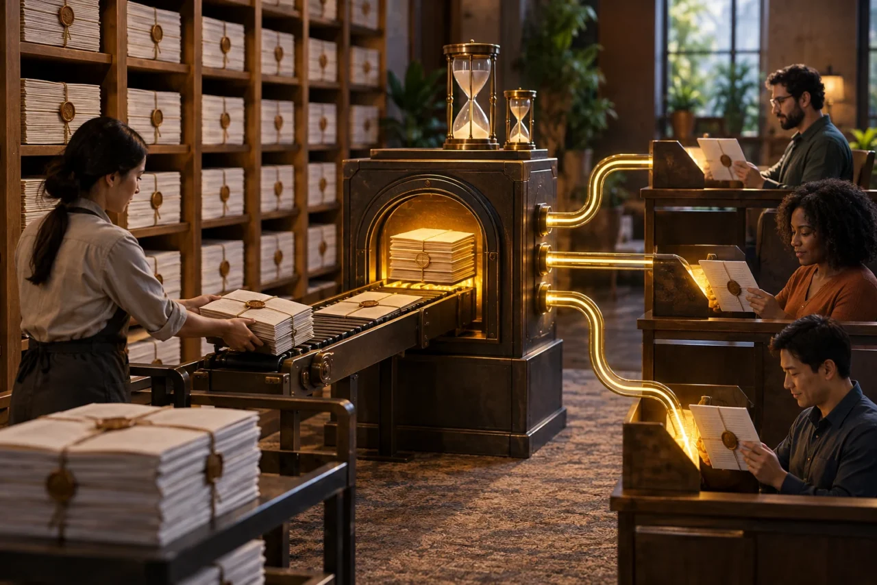 A worker feeds bundled documents into a central caching machine that distributes the stored material through glowing conduits to three readers.