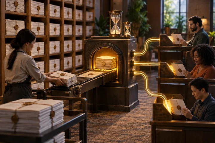 A worker feeds bundled documents into a central caching machine that distributes the stored material through glowing conduits to three readers.