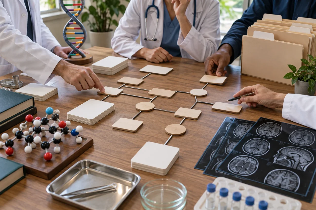 Healthcare and life sciences specialists arrange blank cards and wooden nodes into a branching decision pathway beside DNA and molecular models, medical folders, and brain MRI films.