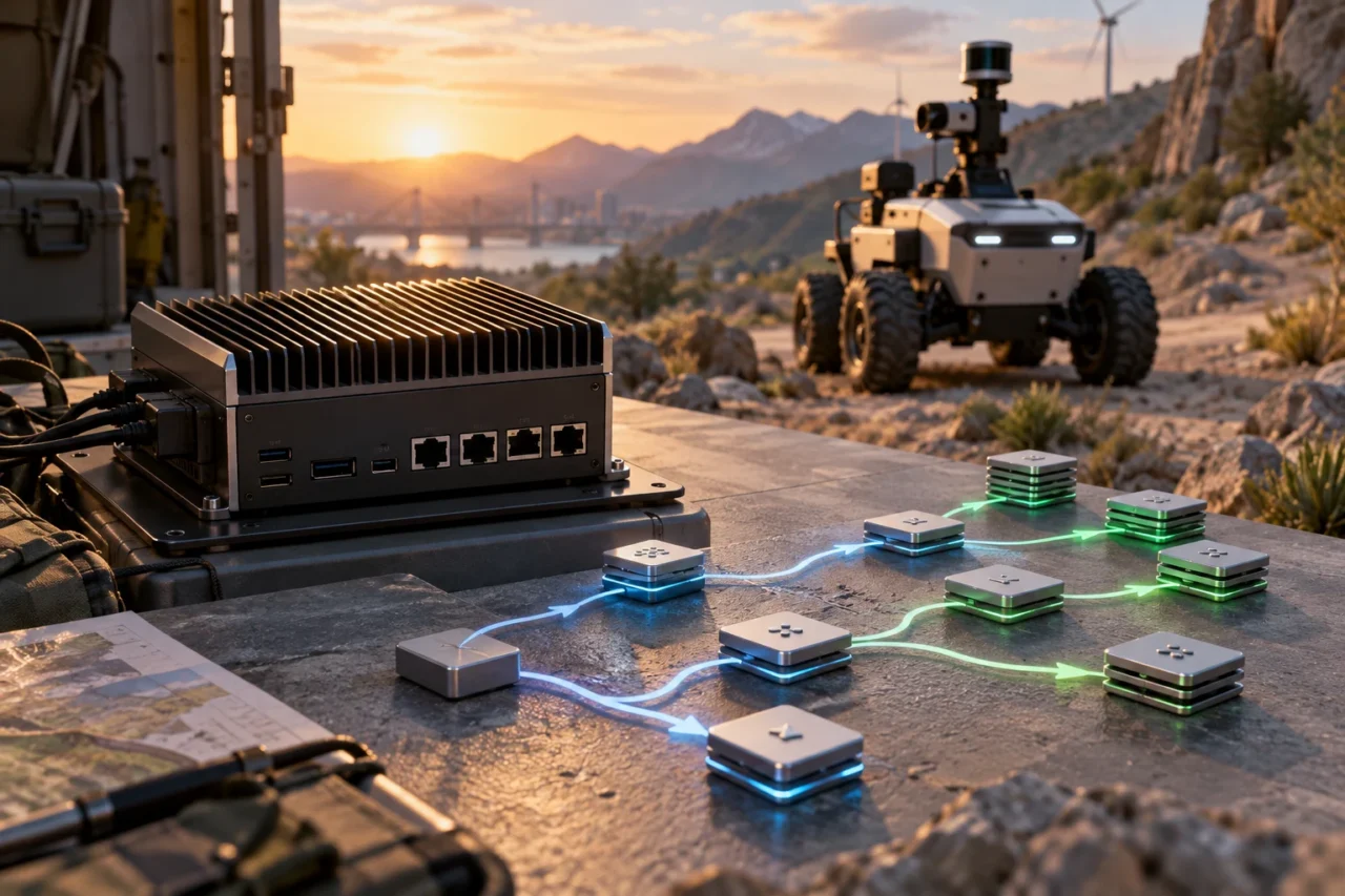 A compact edge-computing unit beside a rugged autonomous robot, with illuminated branching paths connecting small processor-like modules on an outdoor worktable.