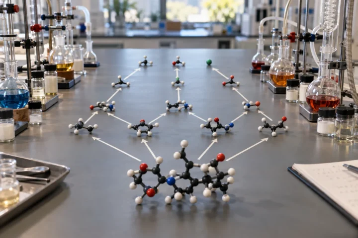 A laboratory bench with glassware and ball-and-stick molecular models arranged in branching synthesis pathways from one complex molecule toward simpler building blocks.