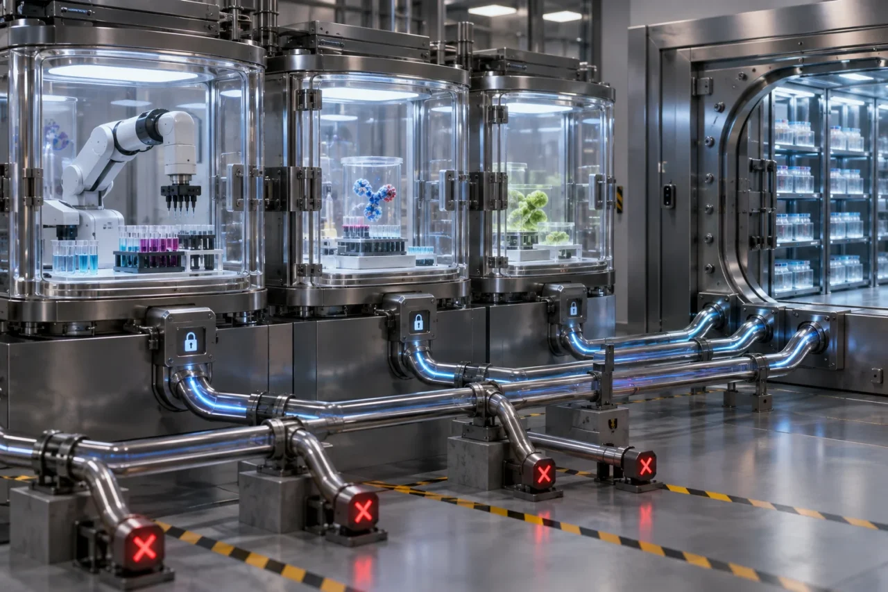 Sealed transparent laboratory chambers hold biological samples and a robotic instrument, while controlled conduits connect them to a secure storage vault and blocked branches prevent unauthorized routes.