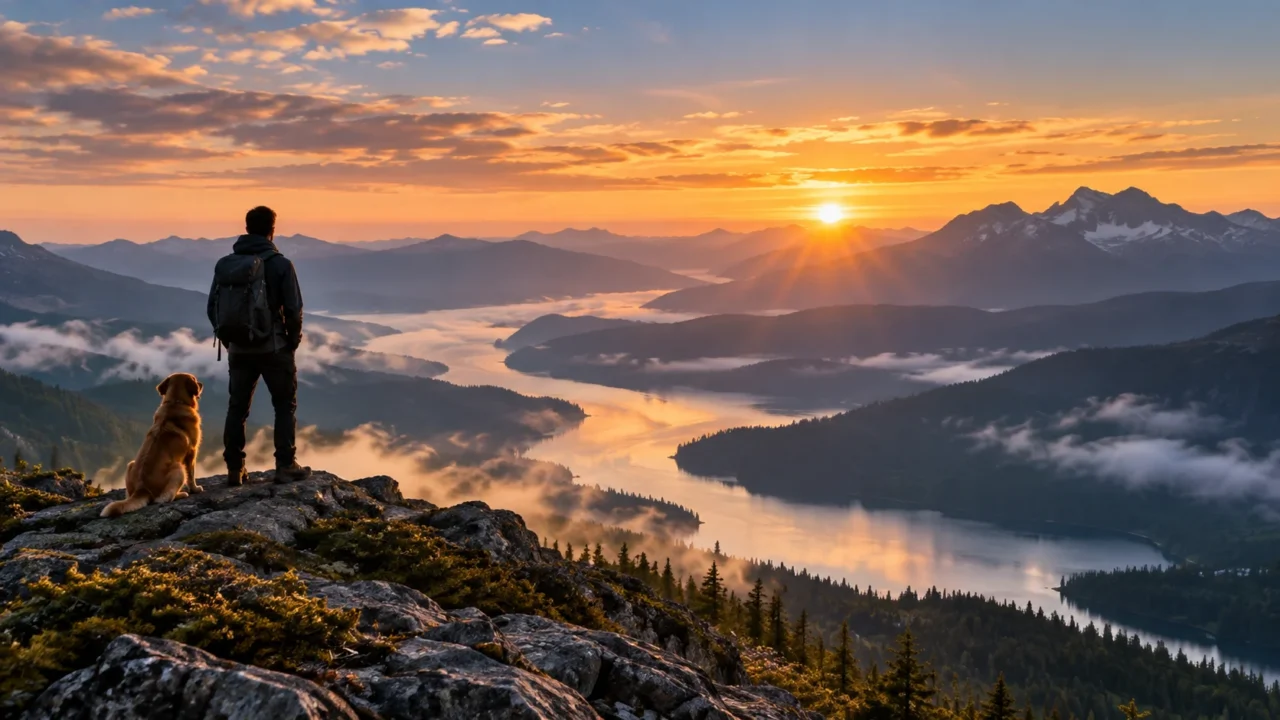 A hiker and a dog stand on a rocky mountain overlook above a winding lake at sunrise.