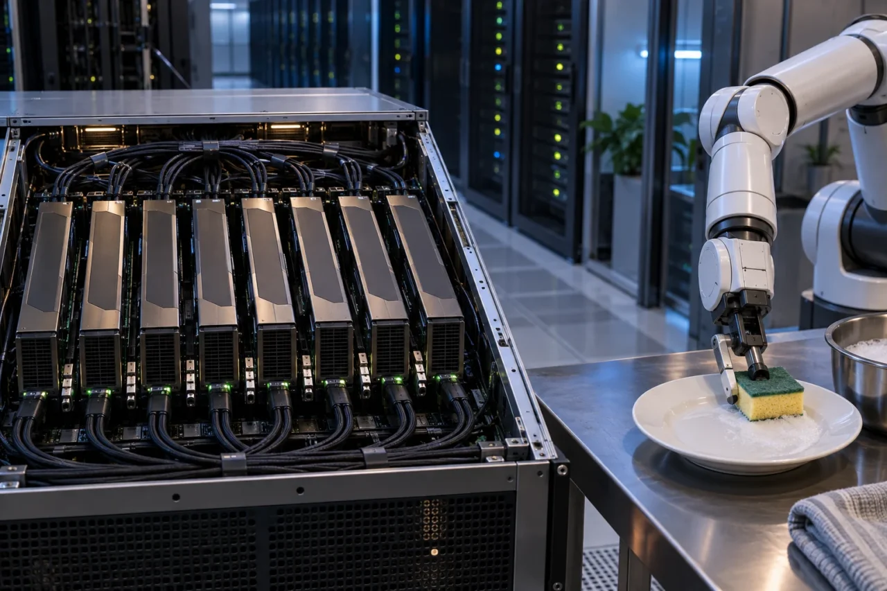 An open server chassis with eight interconnected GPU accelerator modules beside a robotic arm cleaning a ceramic plate with a sponge in a server room.