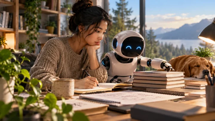 A person writing at a desk beside a small robot, stacks of books, and a sleeping dog in a sunlit room.
