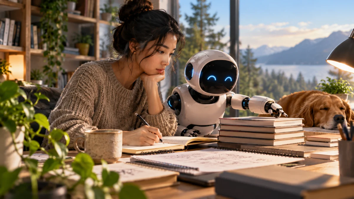 A person writing at a desk beside a small robot, stacks of books, and a sleeping dog in a sunlit room.
