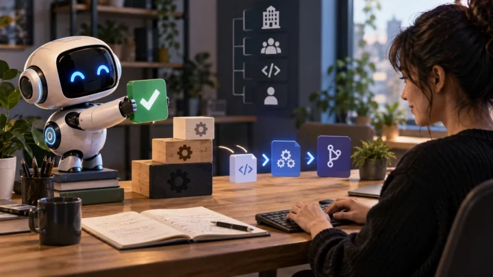 Physical scene representing an automated code review workflow and balanced review effort.