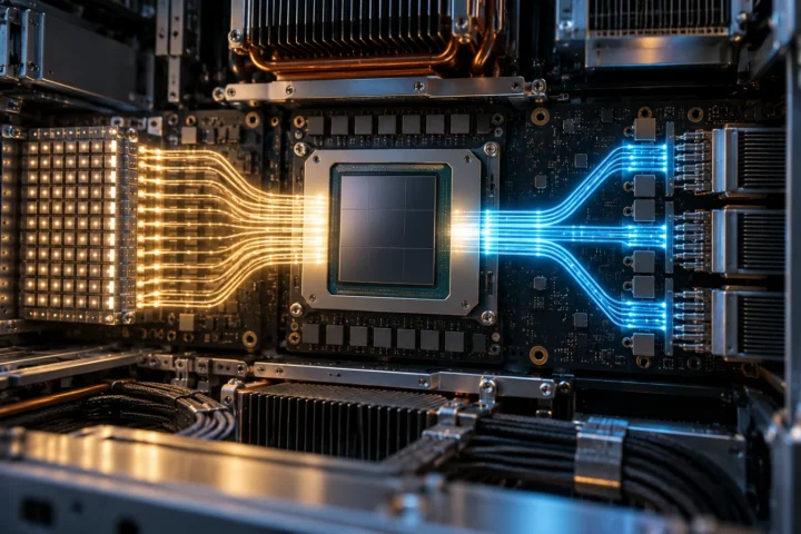 Accelerator hardware with a central compute die and illuminated pathways splitting into three routed channels.