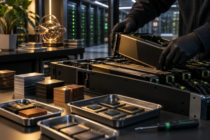 Physical GPU computing hardware and interconnected components representing optimized high-performance inference tuning.
