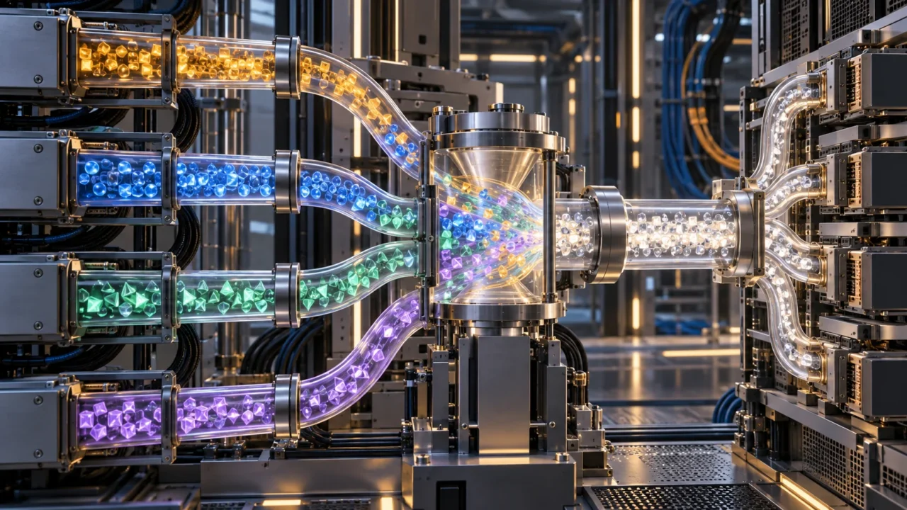 A physical high-performance computing assembly with interconnected accelerator modules and translucent streams converging into a central processing chamber.