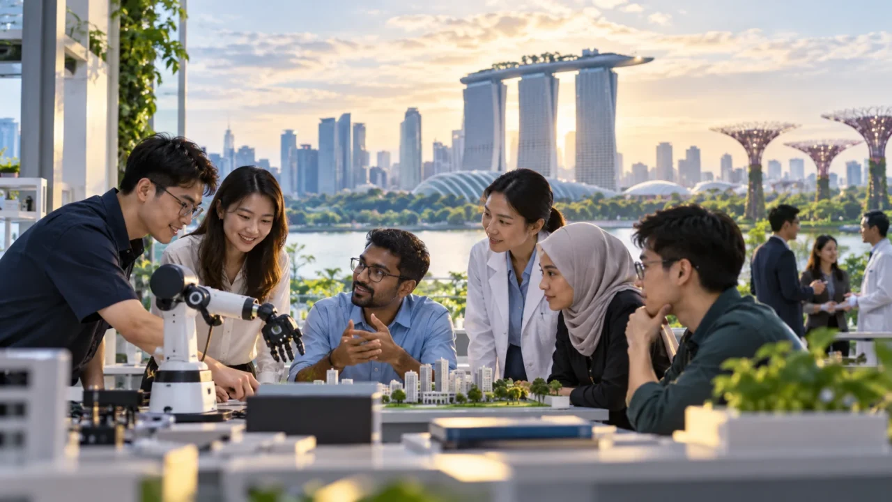 Singapore research collaboration scene representing AI research partnerships, talent development, and real-world impact.