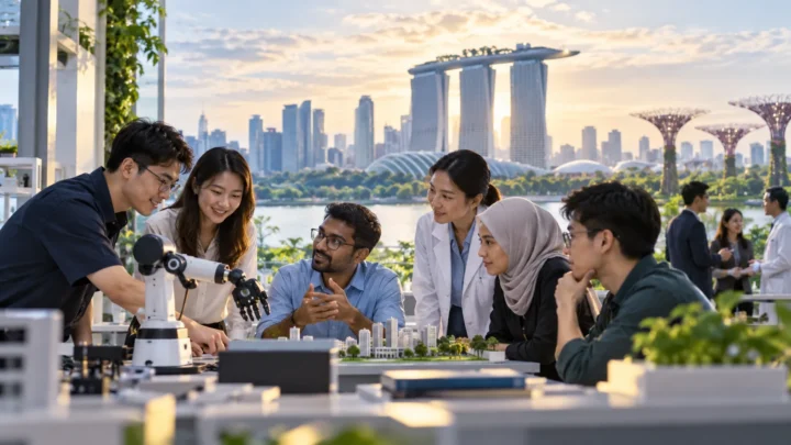 Singapore research collaboration scene representing AI research partnerships, talent development, and real-world impact.
