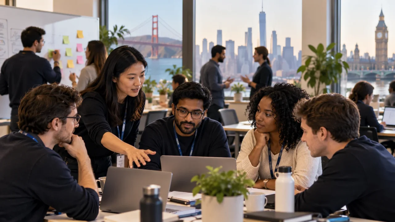 Engineers collaborate around a table with laptops during an in-person training workshop, with city landmarks visible through large windows.